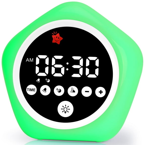 Toddler Alarm Clock for Sleep Training, Kids OK to Wake Clock with Green Red Light, Children's Night Light with 10 Colors, Adjustable Brightness, Pink