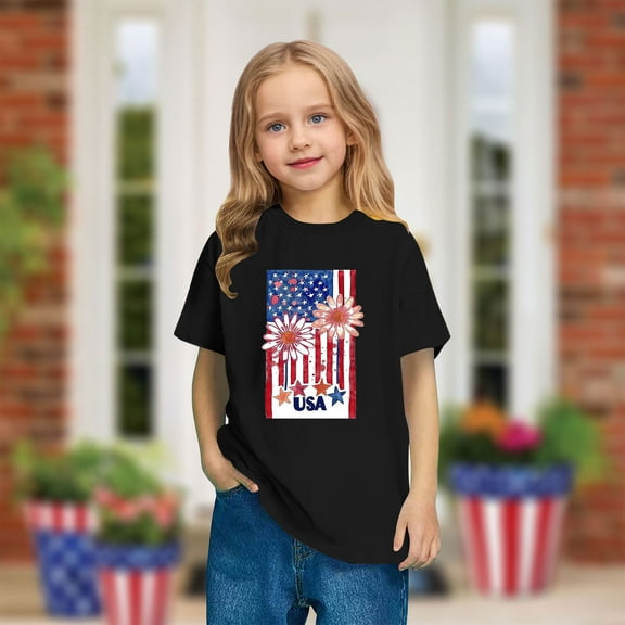 Toddler American Flag Cotton Tees Boys Girls Fashion Independence Day Patriotic Outfits Cute Round Neck Casual Short Sleeve Top Black 4-5 Years