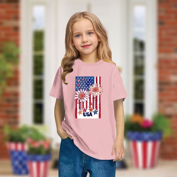 Toddler American Flag Cotton Tees Boys Girls Fashion Independence Day Patriotic Outfits Cute Round Neck Casual Short Sleeve Top Pink 4-5 Years