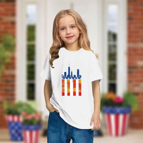 Toddler American Flag Cotton Tees Boys Girls Fashion Independence Day Patriotic Outfits Cute Round Neck Casual Short Sleeve Top White 5-6 Years