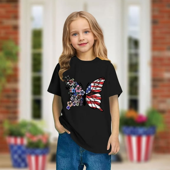 Toddler American Flag Patriotic Top Cute July 4Th Independence Day Graphic Tees Kids Casual Round Neck Short Sleeve Cotton T-Shirt Black 3-4 Years