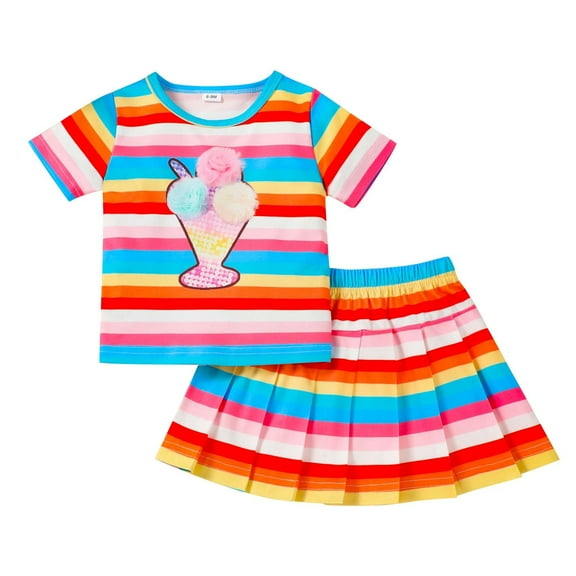 Toddler Baby Birthday Outfit Girl 2 Piece Skirt Set Rainbow Tshirts Pleated Skirts Summer Going out Outfits Multicolor, 9 M