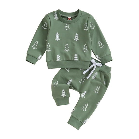 Toddler Baby Boy 2Pcs Christmas Clothes Set 3 6 12 18 24 Months 2T 3T Christmas Tree Print Long Sleeve Crewneck Sweatshirt Tops Pants Fall Outfits