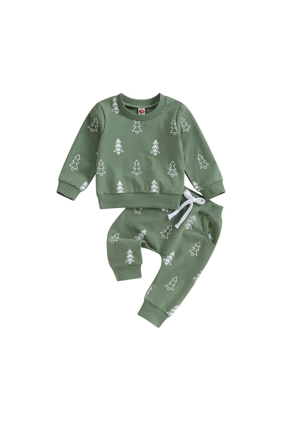 Toddler Baby Boy 2Pcs Christmas Clothes Set 6 12 18 24M 3T Christmas Tree Print Long Sleeve Crewneck Sweatshirt Tops Pants