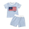 thumbnail image 1 of Toddler Baby Boy 4th of July Clothes Set 6 12 18 24 Months 2T 3T 4T Flag Embroidery Striped Crew Neck Short Sleeve T-Shirt Shorts 2 Pcs Independence Day Outfits, 1 of 6
