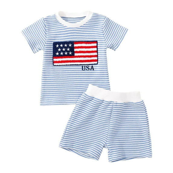 Toddler Baby Boy 4th of July Clothes Set 6 12 18 24 Months 2T 3T 4T Flag Embroidery Striped Crew Neck Short Sleeve T-Shirt Shorts 2 Pcs Independence Day Outfits