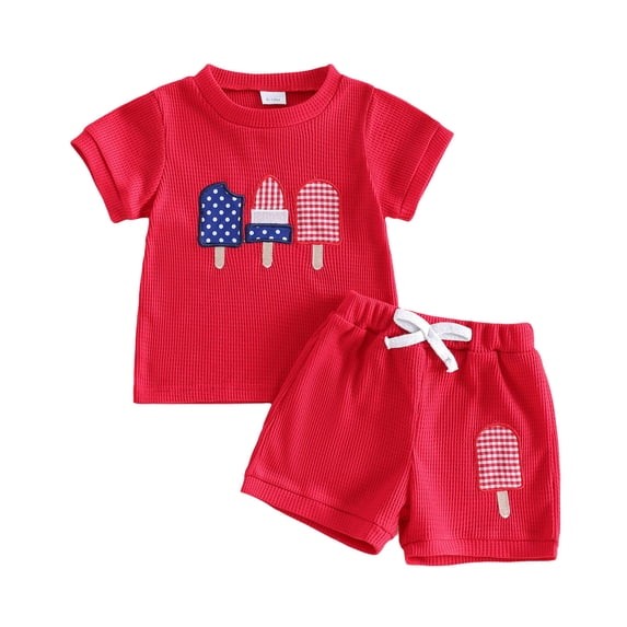 Toddler Baby Boy 4th of July Clothes Set 6 12 18 24 Months 2T 3T 4T Flag Embroidery Striped Crew Neck Short Sleeve T-Shirt Shorts 2 Pcs Independence Day Outfits