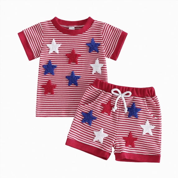 Toddler Baby Boy 4th of July Outfit Summer Short Sleeve Independence Day Cute Star Embroidery T Shirt Short Set Summer Clothes Kaprioy Baby Boy Clothes 6 12 18 24 Months 2T 3T 4T