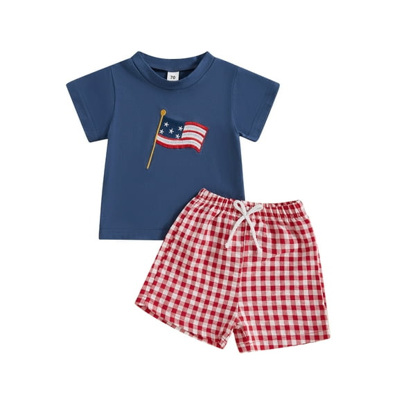 Toddler Baby Boy 4th Of July Outfits Short Sleeve Patriotic American Flag Embroidery T-Shirt Tops Gingham Plaid Shorts Set Independence Day Summer Clothes