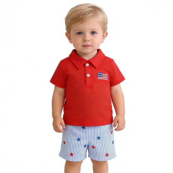 Toddler Baby Boy 4th of July Outfit American Flag Button Down Polo Shirt with Shorts 2 Piece Set Independence Day Clothes