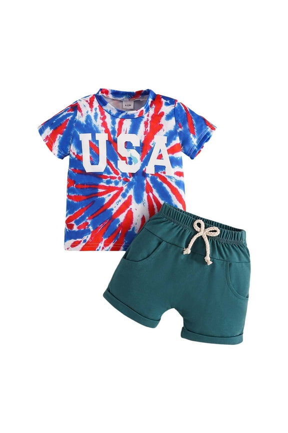 Toddler Baby Boy 4th of July Outfit American Flag Shirt Top Casual Shorts Set Infant Baby Fourth of July Summer Clothes,Blue
