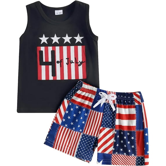 Toddler Baby Boy 4th of July Outfit Sleeveless Tank Tops Flag Stars Stripe Print Shorts Independence Day Clothes