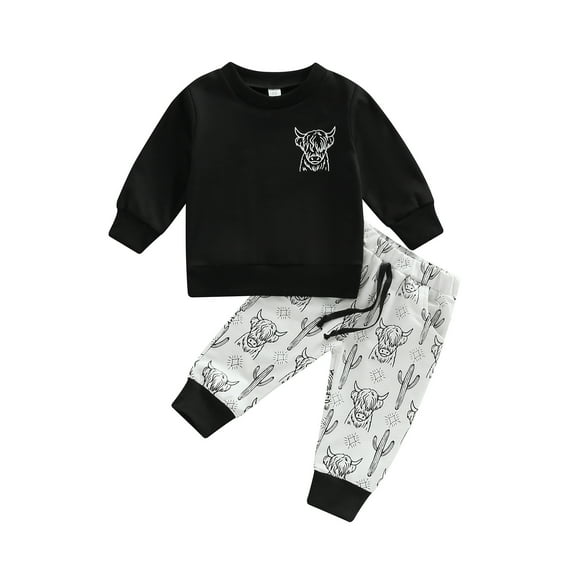 Toddler Baby Boy Autumn Clothes Set 6M 12M 18M 24M 3Y Black Long Sleeve Round Neck Sweatshirt + Cartoon Cattle Print Trousers