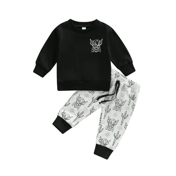 Toddler Baby Boy Autumn Clothes Set 6M 12M 18M 24M 3Y Black Long Sleeve Round Neck Sweatshirt + Cartoon Cattle Print Trousers
