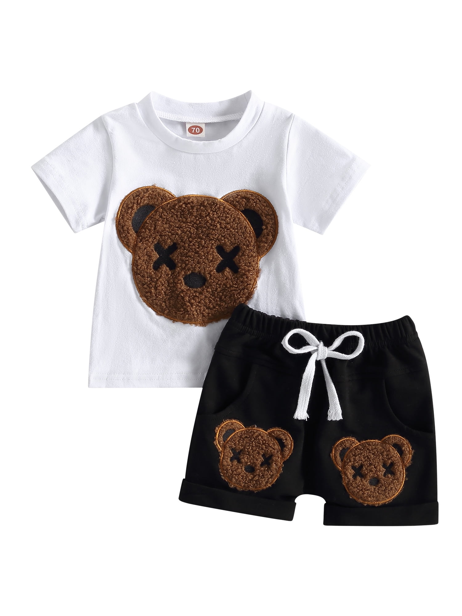 2pcs Baby Boy/Girl All Over Cartoon Bear Print Short-sleeve Romper and 3D Ears Shorts Set