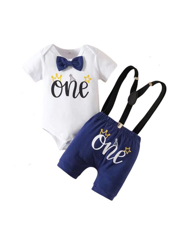 Toddler Baby Boy Birthday Clothes Set Letter"One"Romper and Suspender Shorts Gentleman Boy One Year Birthday Outfit
