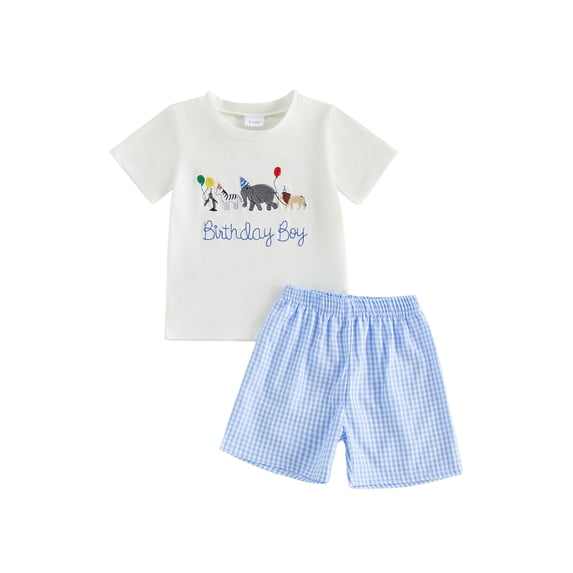 Toddler Baby Boy Birthday Outfit Birthday Embroidery Short Sleeve T-Shirt Gingham Plaid Shorts Set