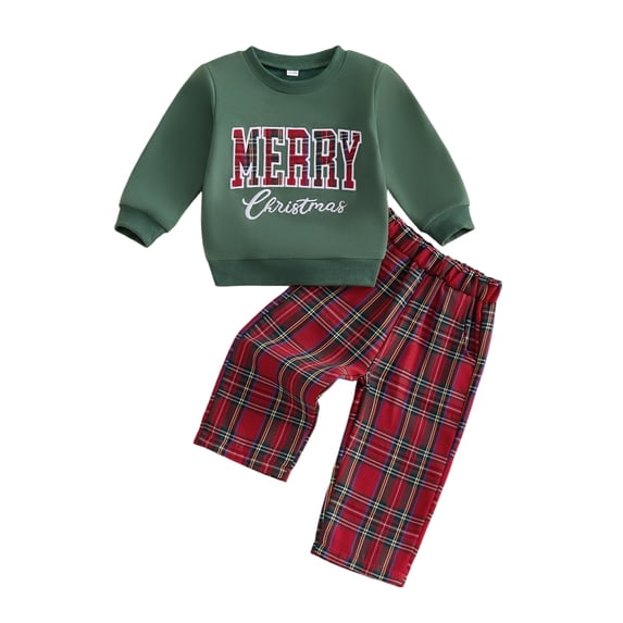 Toddler Baby Boy Christmas Outfit Long Sleeve Letter Embroidery Sweatshirt Gingham Plaid Pants Set Fall Winter 2Pcs Smocked Clothes