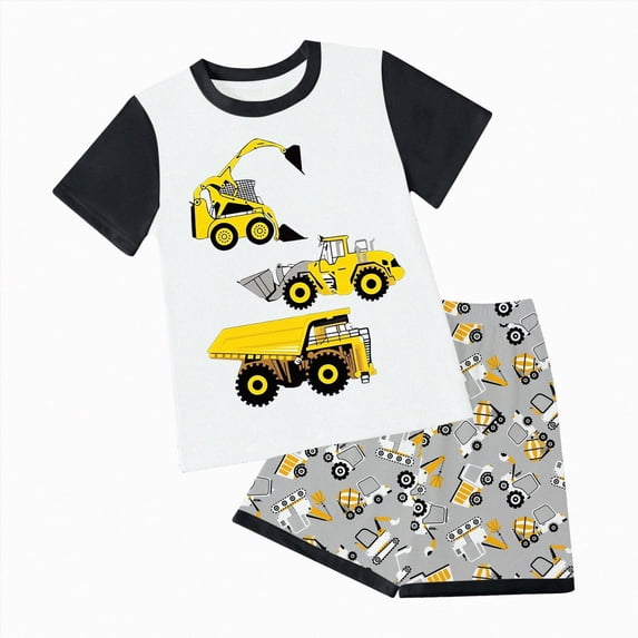 Toddler Baby Boy Clothes 2T 3T 4T 5T 6T 7T 8T Summer Short Sleeve Cartoon Engineering Vehicle Print T-Shirt Tops Solid Color Shorts Set 2Pcs Casual Outfit Kaprioy Baby Boy Outfits