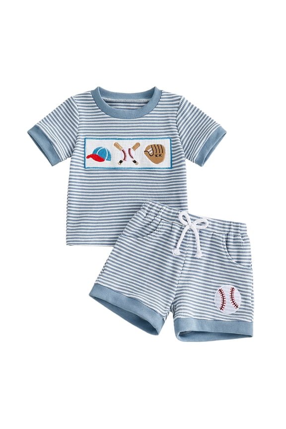 Toddler Baby Boy Clothes 3 6 12 18 24 Month 2T 3T Summer Outfit Waffle Striped Short Sleeve T-Shirt Shorts Set