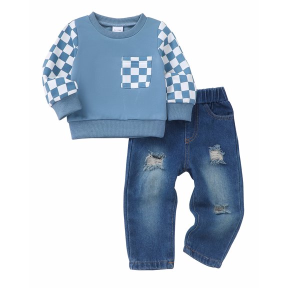 Toddler Baby Boy Clothes 3T Boys Fall Winter Outfits 4T Boys Plaid Long Sleeve Sweatshirt Top Jeans Pants 2PCS Clothing Set Blue