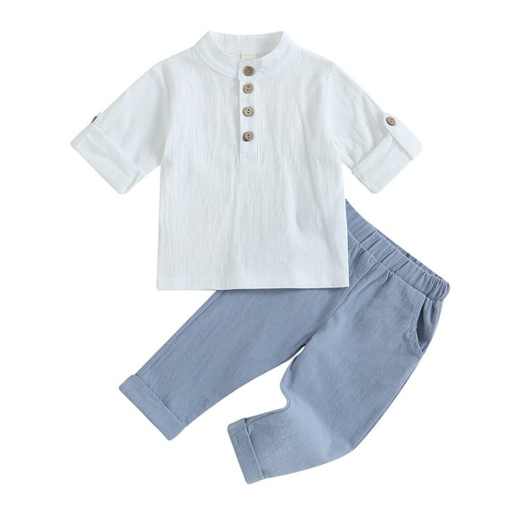 Toddler Baby Boy Clothes 6M 12M 18M 24M 3Y 4Y Cotton Linen Henley Shirts Button Down Long Sleeve Shirts Casual Pants Set