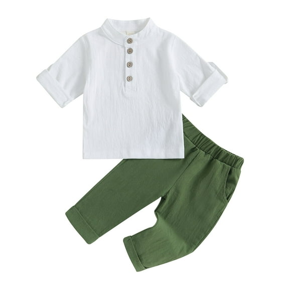 Toddler Baby Boy Clothes 6M 12M 18M 24M 3Y 4Y Cotton Linen Henley Shirts Button Down Long Sleeve Shirts Casual Pants Set