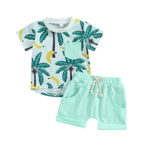 Toddler Baby Boy Clothes 6M 12M 18M 24M 3Y Beach Short Sleeve Palm Print Hawaiian T-Shirt and Drawstring Shorts Set Summer Outfit