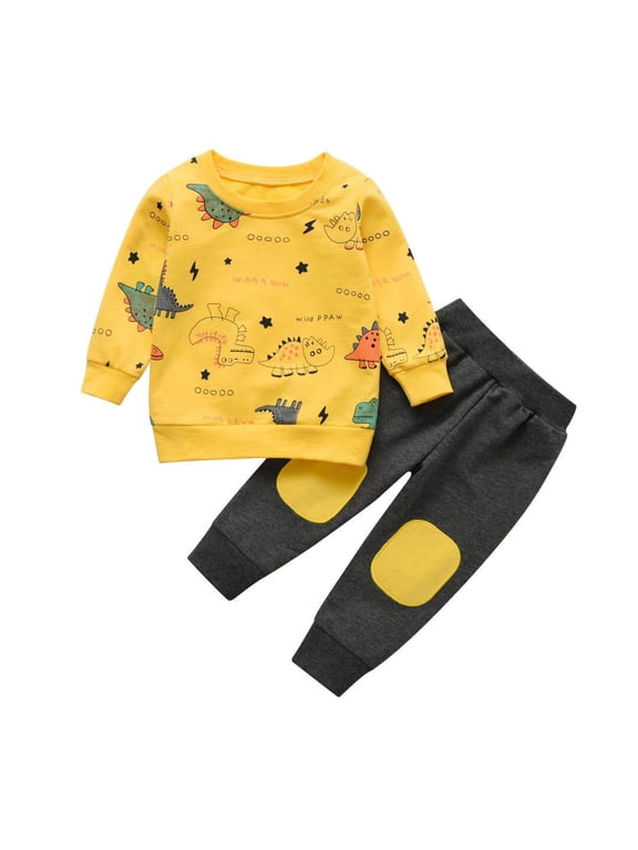 Toddler Baby Boy Clothes Animal Style Long Sleeve Tops and Long Pants Set Fall Sweatsuits Outfits Yellow 9-12 Months