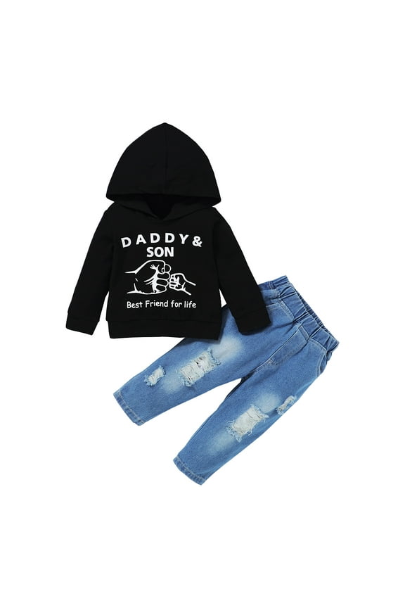 Toddler Baby Boy Clothes Baby Boy Outfits Hooded Long Sleeve Letter Print Tops Ripped Jeans Pants Set Baby Boy Fall Clothes Black 12-18 Months
