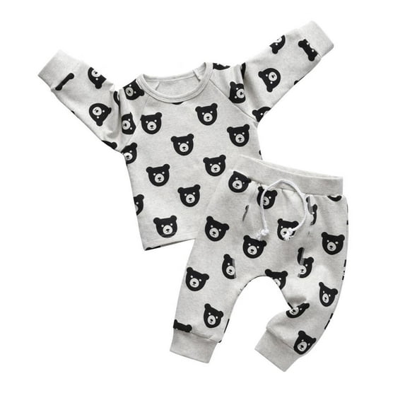 Toddler Baby Boy Clothes Bear Style Long Sleeve Cotton Tops and Long Pants Set Fall Sweatsuits Outfits Gray 6-9 Months