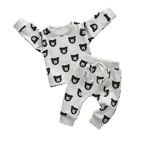 Toddler Baby Boy Clothes Bear Style Long Sleeve Cotton Tops and Long Pants Set Fall Sweatsuits Outfits Gray 9-12 Months