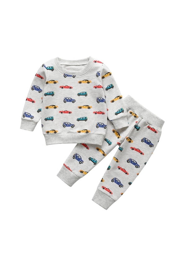Toddler Baby Boy Clothes Cartoon Car Pattern Long Sleeve Tops and Long Pants Set Fall Sweatsuits Outfits Gray 2-3T