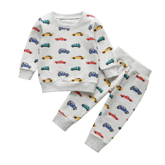 Toddler Baby Boy Clothes Cartoon Car Pattern Long Sleeve Tops and Long Pants Set Fall Sweatsuits Outfits Gray 6-9 Months