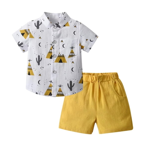 Toddler Baby Boy Clothes Cartoon Pattern Short Sleeve Button Down Shirt Shorts Summer Outfits (Yellow,6-9 Months)