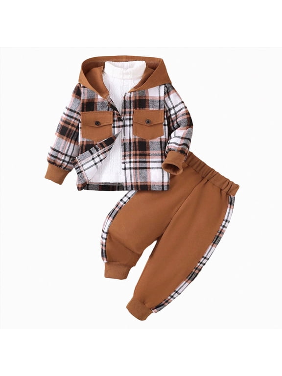 Toddler Baby Boy Clothes Fall Winter Outfit, Boys Clothes 2T 3T 4T 2Pcs Baby Boys Outfits Plaid Hooded Toddler Boys Top Pants Set Autumn Winter Home Wear Baby's Clothing Set,Brown,2-3 Years