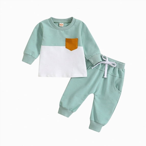 Toddler Baby Boy Clothes Fall Winter Outfit Patchwork Color Block Long Sleeve Sweatshirt Pullover Tops Stretch Pants Playwear Set Christmas 2PCS Set Kaprioy Boys