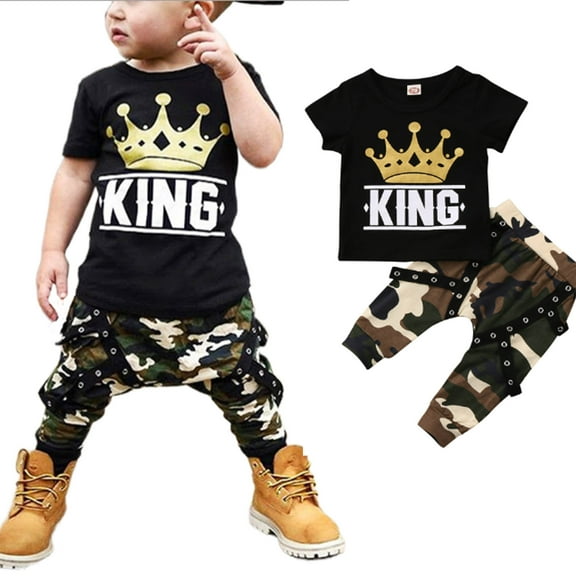 Toddler Baby Boy Clothes King Short Sleeve Black T-Shirt  Camo Pants Outfits Tops Set