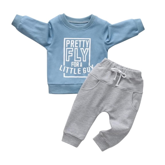 Toddler Baby Boy Clothes Letter Long Sleeve Cotton Tops and Long Pants Set Fall Sweatsuits Outfits Blue 12-18 Months