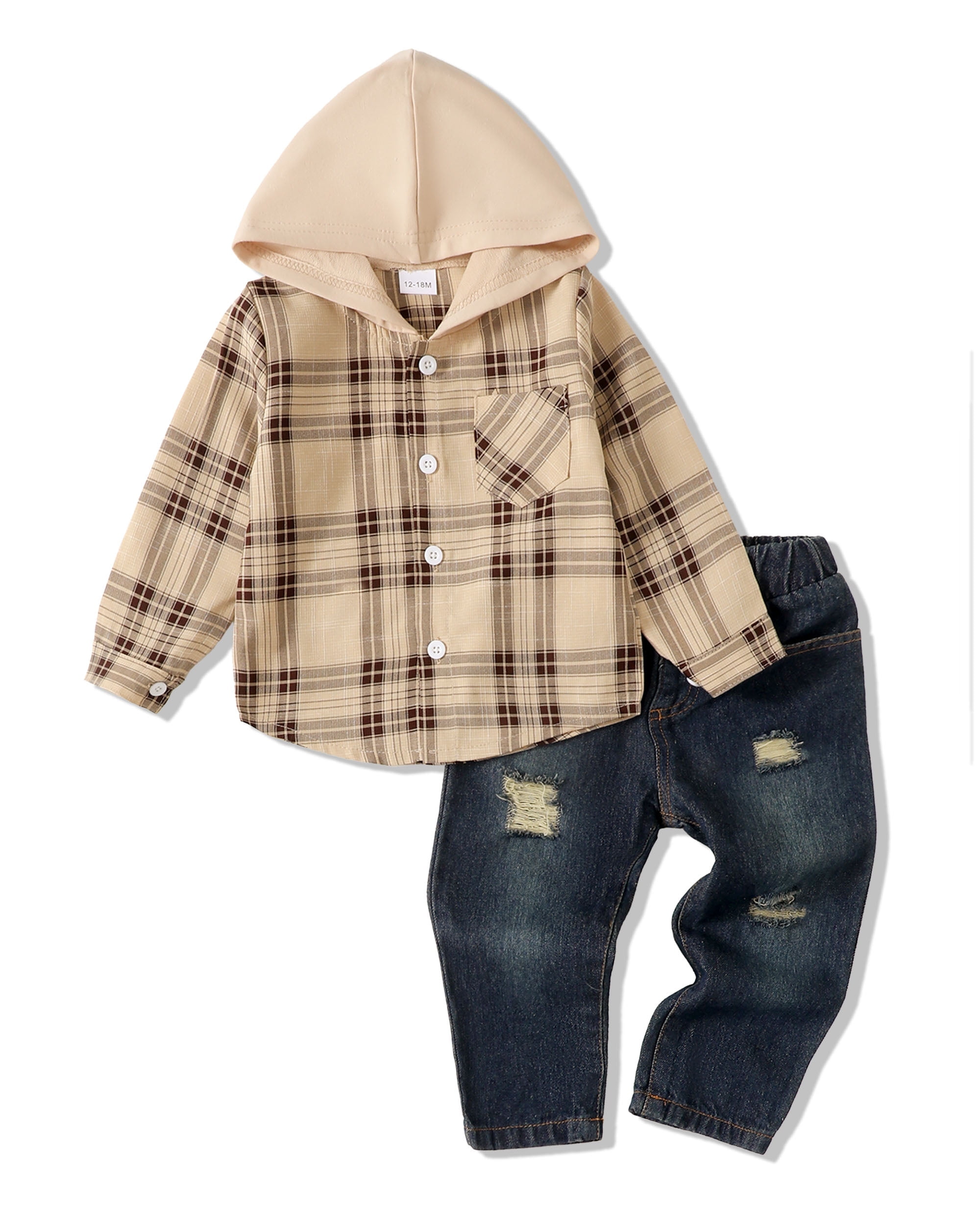 2-piece Toddler Girl/Boy Geo Plaid Pattern Pocket Design Hoodie and Pants Set
