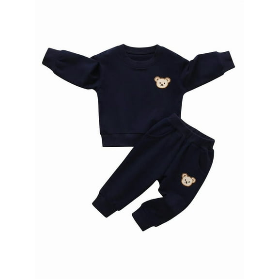 Toddler Baby Boy Clothes Solid Bear Long Sleeve Tops and Long Pants Set Fall Sweatsuits Outfits Blue 6-9 Months