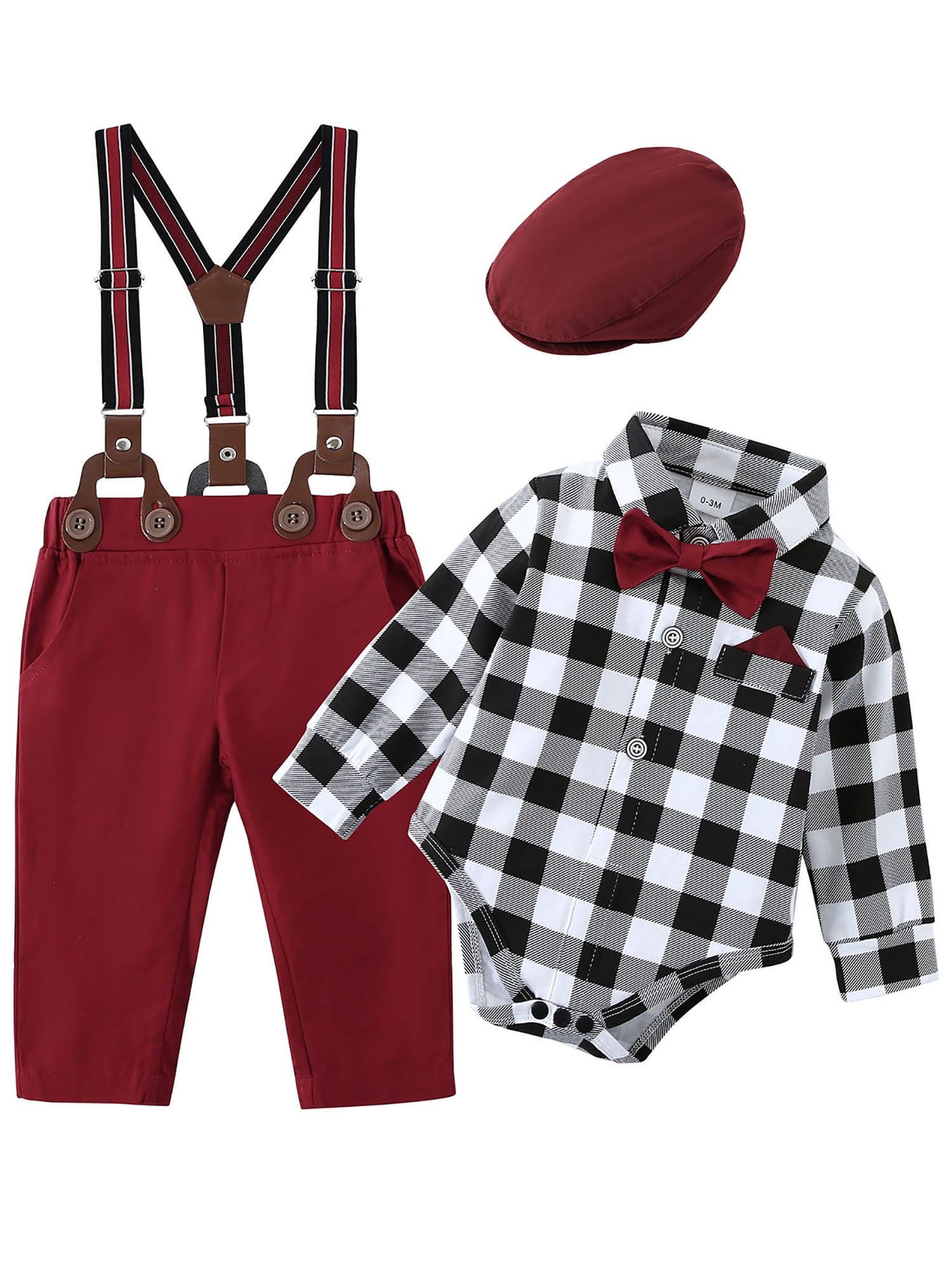 Toddler Baby Boy Clothes Suit 0-18 Months 4pcs Suspender Pants Plaid Shirt Dress Clothes Infant Set