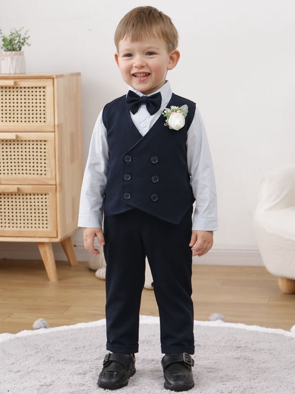 Toddler Baby Boy Clothes Suit 1-5T Wedding Outfits Formal Dress Shirt Vest Waistcoat Suspender Pants Corsage 5pcs