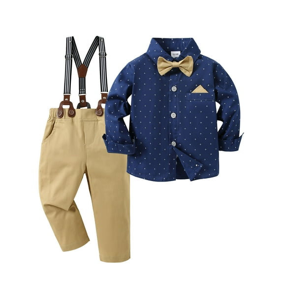 Toddler Baby Boy Clothes Suit 1-5T Wedding Outfits Formal Print Dress Shirt Bowtie Suspender Pants