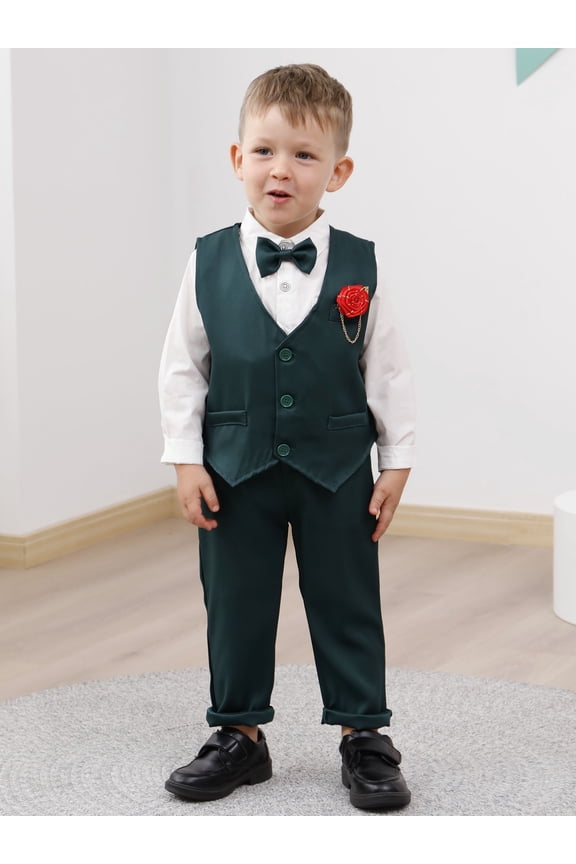 Toddler Boy Clothes Suit 1-6T Boys Formal Dress Shirt + Bowtie +Vest +Boutonniere +Suspender Pants Boys Gentleman Outfits Set