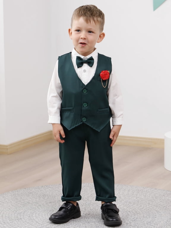 Toddler Boy Clothes Suit 1-6T Boys Formal Dress Shirt + Bowtie +Vest +Boutonniere +Suspender Pants Boys Gentleman Outfits Set