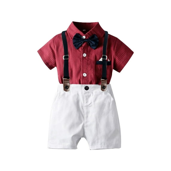 Toddler Baby Boy Clothes Suit Gentleman Wedding Party Outfits, Kids Formal Short Sleeve Striped Shirt+Bow Tie+Suspender Shorts, 9M-9T