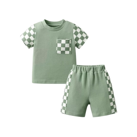 Toddler Baby Boy Clothes Summer Grid Style Short Sleeve T-Shirt and Shorts Outfits Set (Green,18-24 Months)