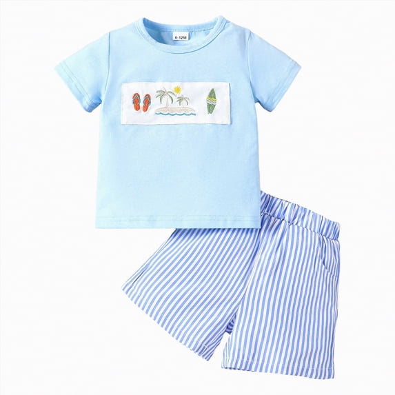 Toddler Baby Boy Clothes Summer Outfits Embroidery Trucks Smocked Shirt T-Shirt + Gingham Shorts 1T 2T 3T