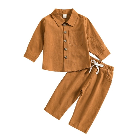 Toddler Baby Boy Cotton Linen Pants Set Solid Color Long Sleeve Button Down T-Shirt Tops and Pants Outfit 0-4T